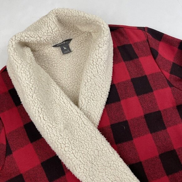 Eddie Bauer Buffalo Plaid Cardigan Women’s S Sherpa Lined Open Front Black Red - Picture 1 of 11
